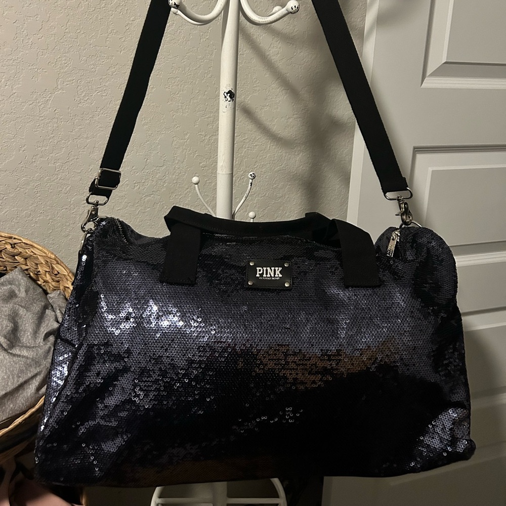 PINK sequin all over duffle bag with bottom solid cloth bottom- dark blue